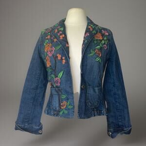 E by ECI Tailored Jacket Blue Denim Embroidered Floral Collared Snaps Read Size